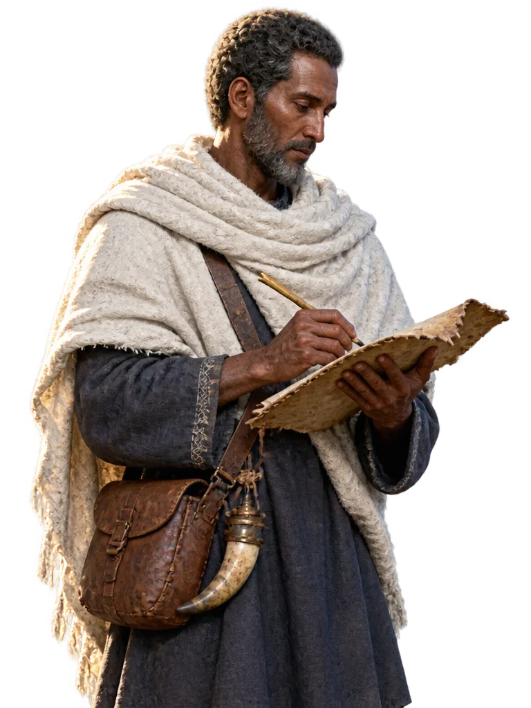 Tewodros Alem, juru tulis berjanggut beruban dengan selendang katun putih, menulis dengan pena buluh di atas naskah kulit